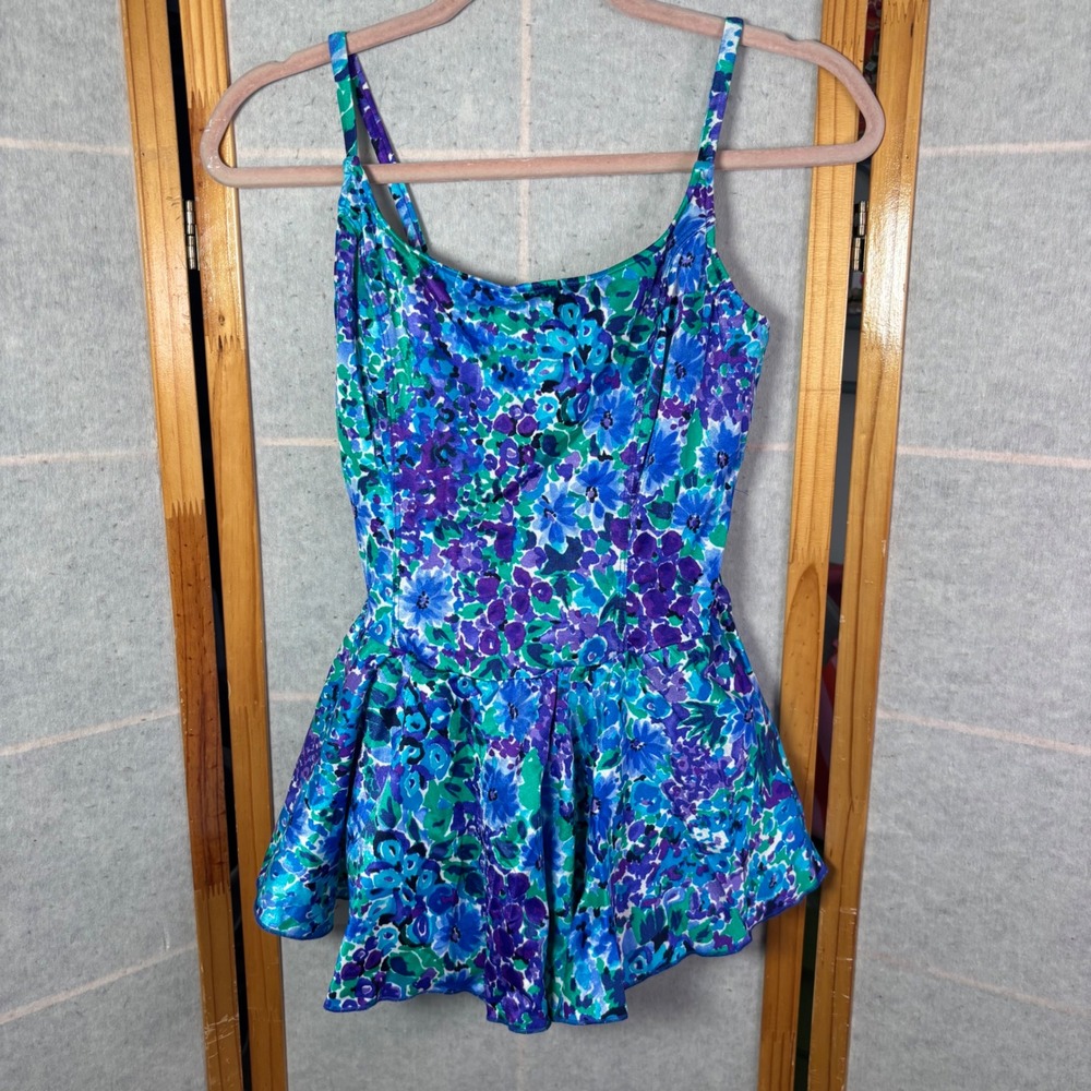 Le Cove Vintage Floral Skirted One Piece Swimsuit Size 14 Blue Purple Retro 90s